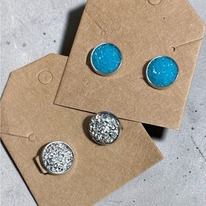 Sparkling Aqua and Silver Druzy Stud Earrings